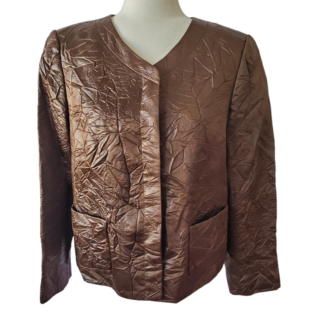 Lafayette 148 New York‎ Womens Size 12 Brown Satin Acetate Crinkle Jacket XL
